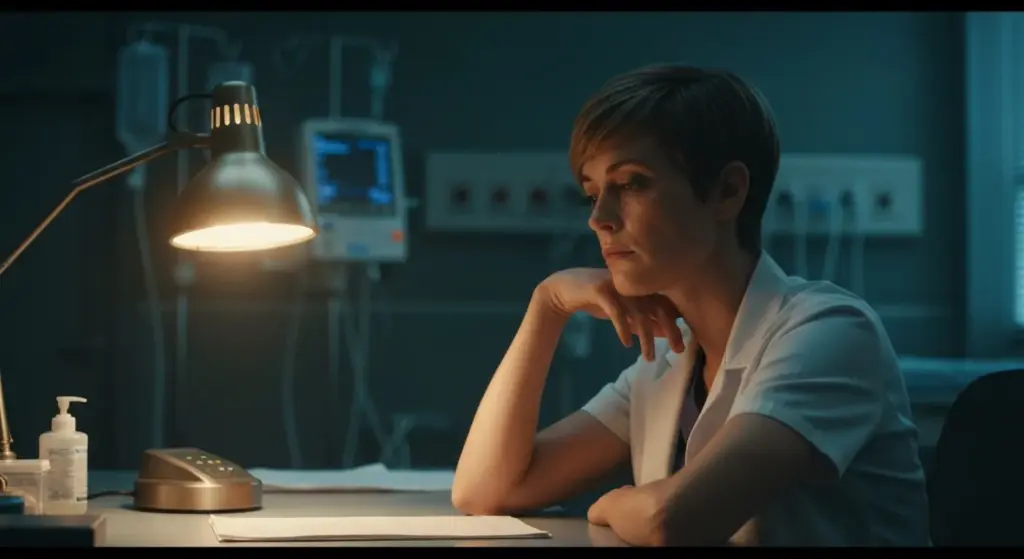 A doctor in the on-call room deep in thought, capturing the emotional side of Grey’s Anatomy’s storytelling