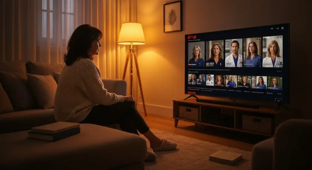A fan watching Grey’s Anatomy on Netflix 2025 in a cozy room, with the show’s characters visible on the TV screen