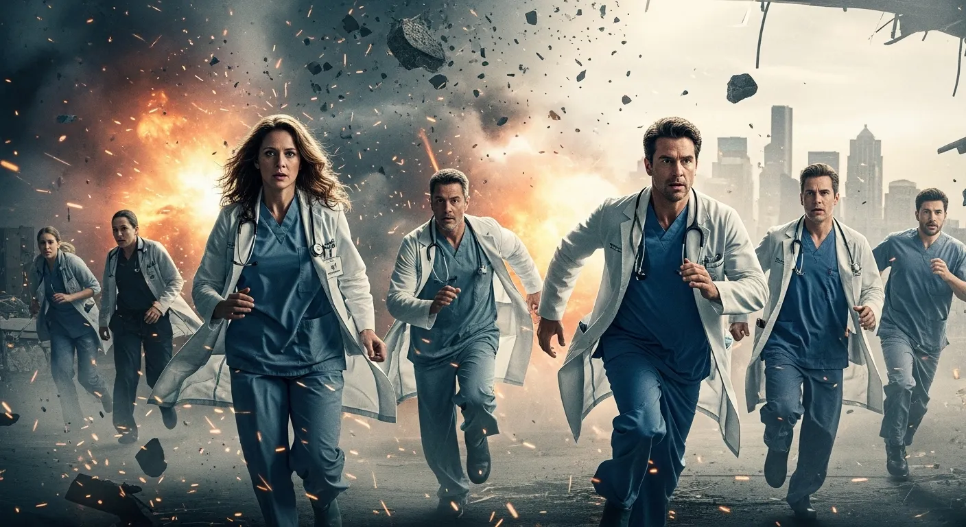 Doctors rush through smoke after a hospital explosion in Grey’s Anatomy’s intense finale.