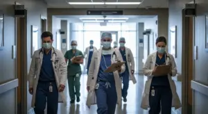 Doctors walking through Grey Sloan Memorial’s hallway, symbolizing new beginnings and challenges in the upcoming Grey’s Anatomy season.