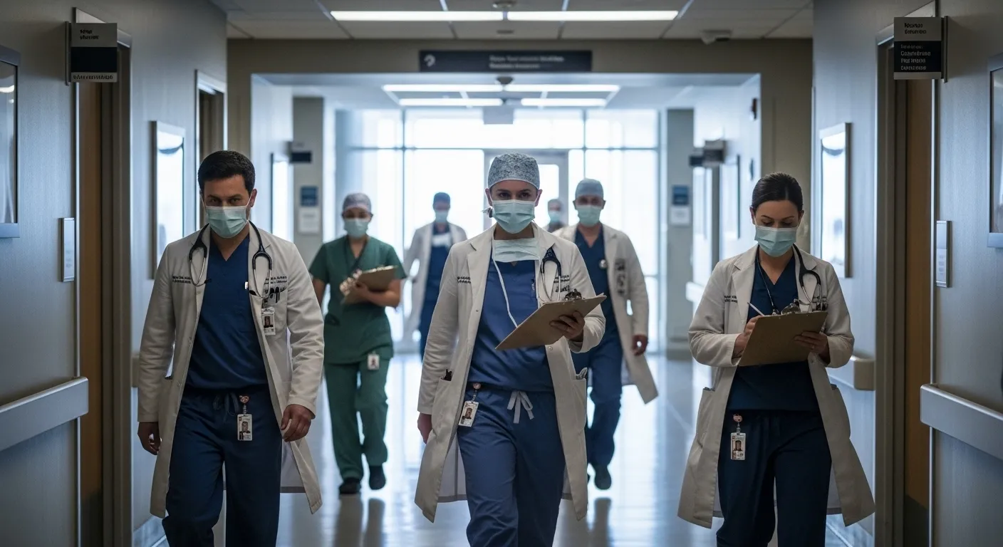 Doctors walking through Grey Sloan Memorial’s hallway, symbolizing new beginnings and challenges in the upcoming Grey’s Anatomy season.