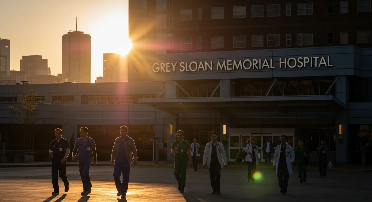 Grey Sloan Memorial Hospital at sunrise as doctors arrive for another dramatic day in Grey’s Anatomy Season 22