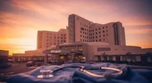 Grey Sloan Memorial Hospital at sunset with a warm, emotional glow representing Grey’s Anatomy’s lasting impact