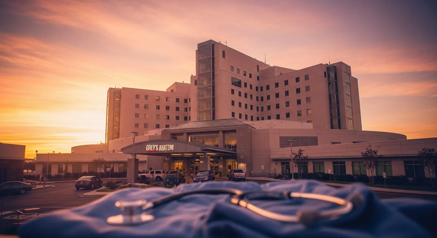 Grey Sloan Memorial Hospital at sunset with a warm, emotional glow representing Grey’s Anatomy’s lasting impact