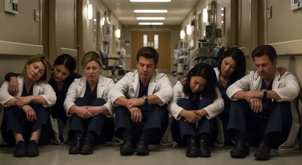 Grey Sloan doctors resting together in a quiet hallway after the hospital explosion.