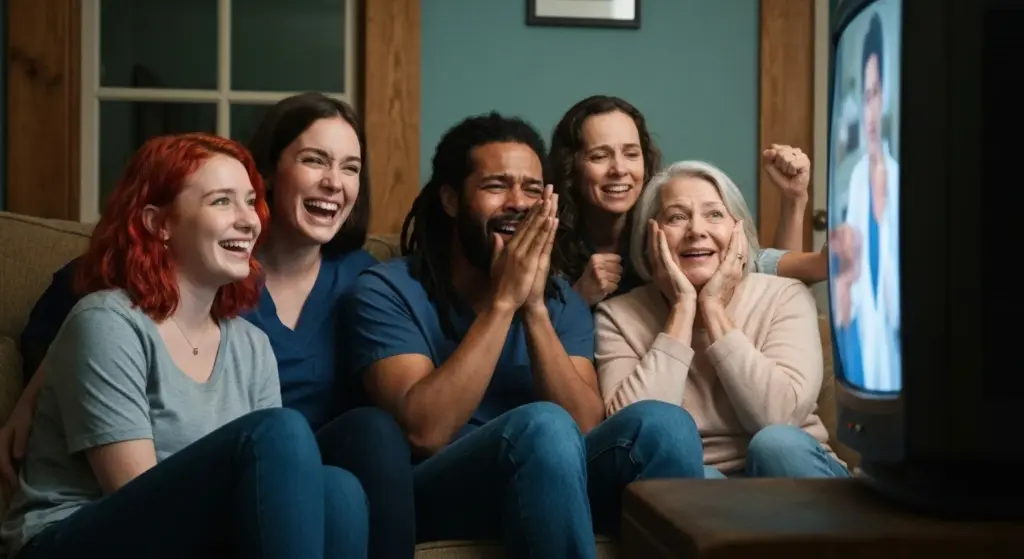 Group of fans watching Grey’s Anatomy on TV, sharing emotional reactions and laughter during a binge-watch session