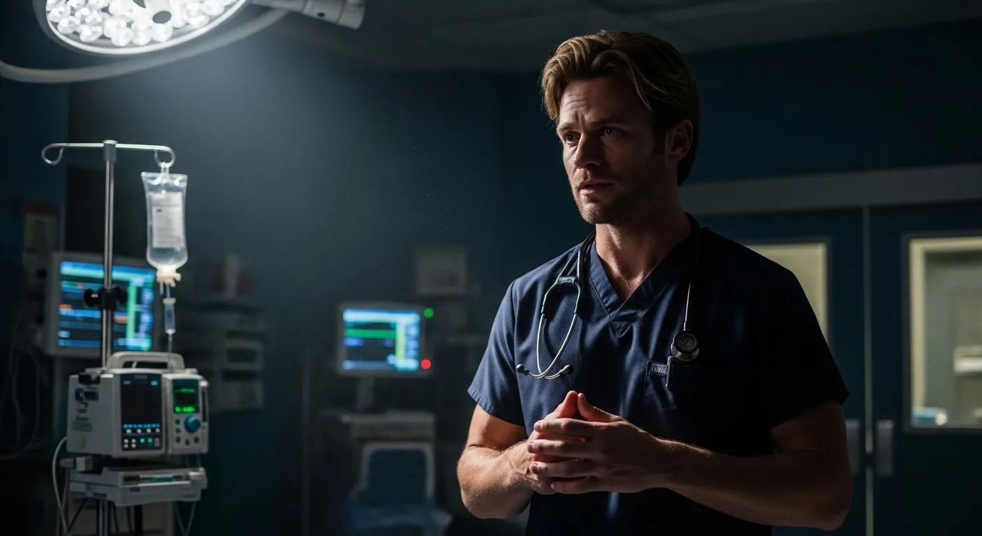 “Link Lincoln standing in Grey Sloan Memorial Hospital looking tense after the shocking Grey’s Anatomy finale
