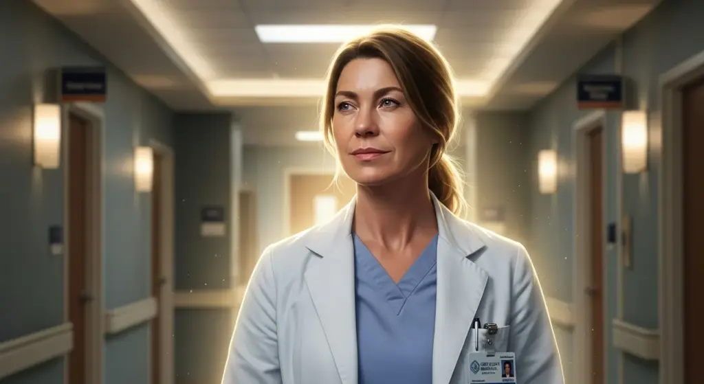Meredith Grey standing in a glowing hospital hallway, symbolizing her enduring legacy.