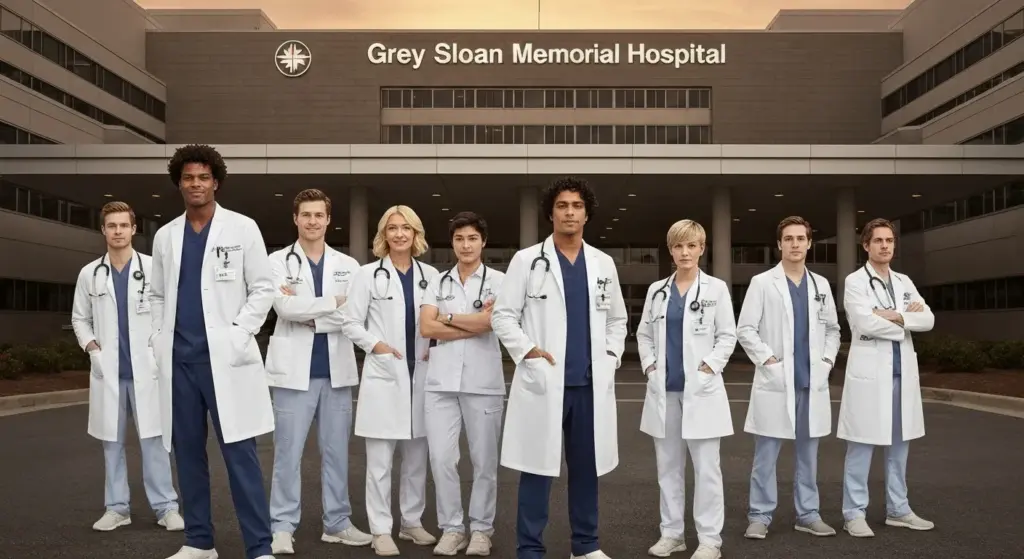 New generation of interns in front of Grey Sloan Memorial Hospital symbolizing Grey’s Anatomy Season 22