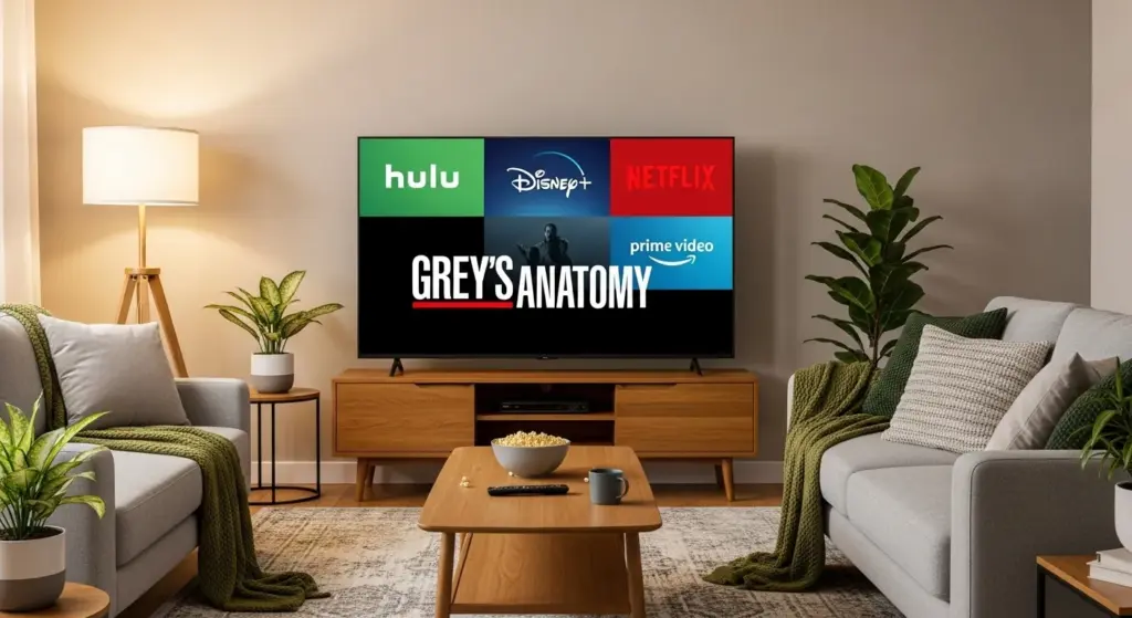 TV screen displaying Grey’s Anatomy surrounded by streaming service logos like Hulu, Netflix, andDisney+ in a cozy living room