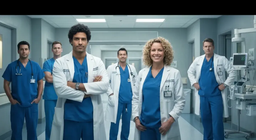 The doctors of Grey Sloan Memorial standing together, representing unity and resilience in Grey’s Anatomy 2025