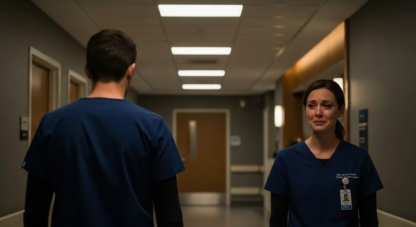 Two doctors share an emotional farewell in the halls of a hospital, symbolizing a Grey’s Anatomy cast departure..588Z